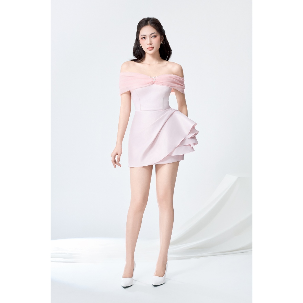 HERBE Jasmine dress - Đầm hồng pastel vải poly ánh nhũ ngắn trễ vai