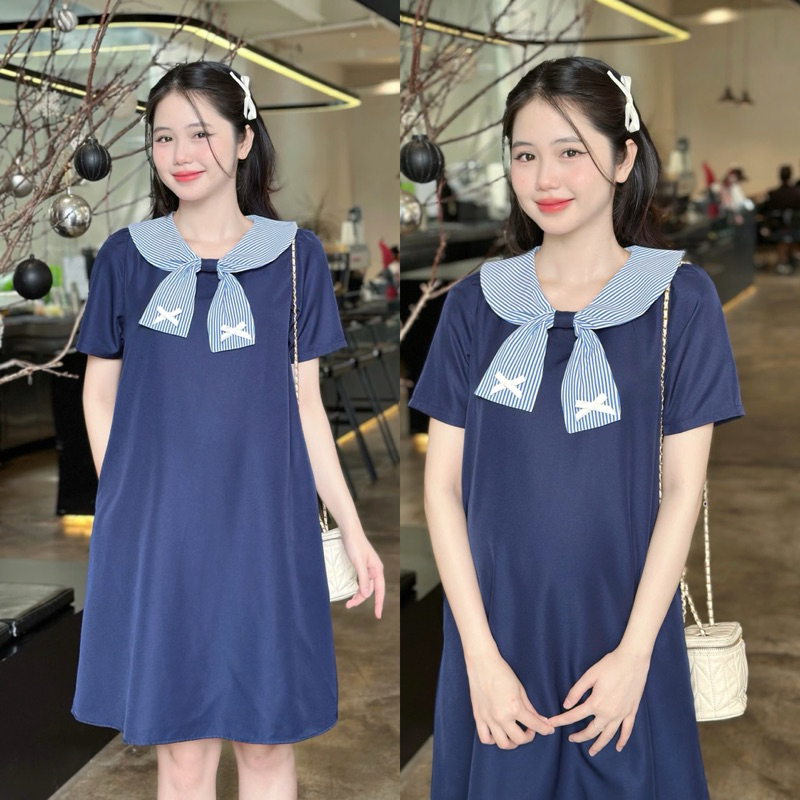 EVERMOM l Đầm bầu Luta công sở trơn chất cotton lạnh phối cổ nơ thanh lịch form suông gọn dáng