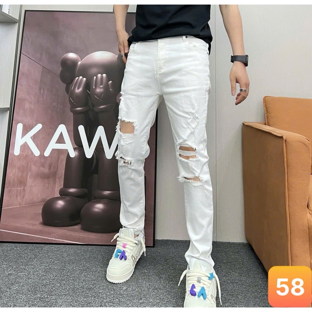 Quần jean nam rách to màu trắng trơn chất liệu bò cao cấp co dãn 4 chiều form dáng skinny HAVADO H58