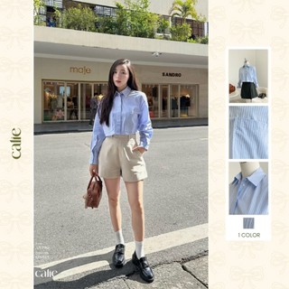 Áo sơ mi dáng lửng cổ đức họa tiết kẻ xanh Thương Hiệu Calie - AS290