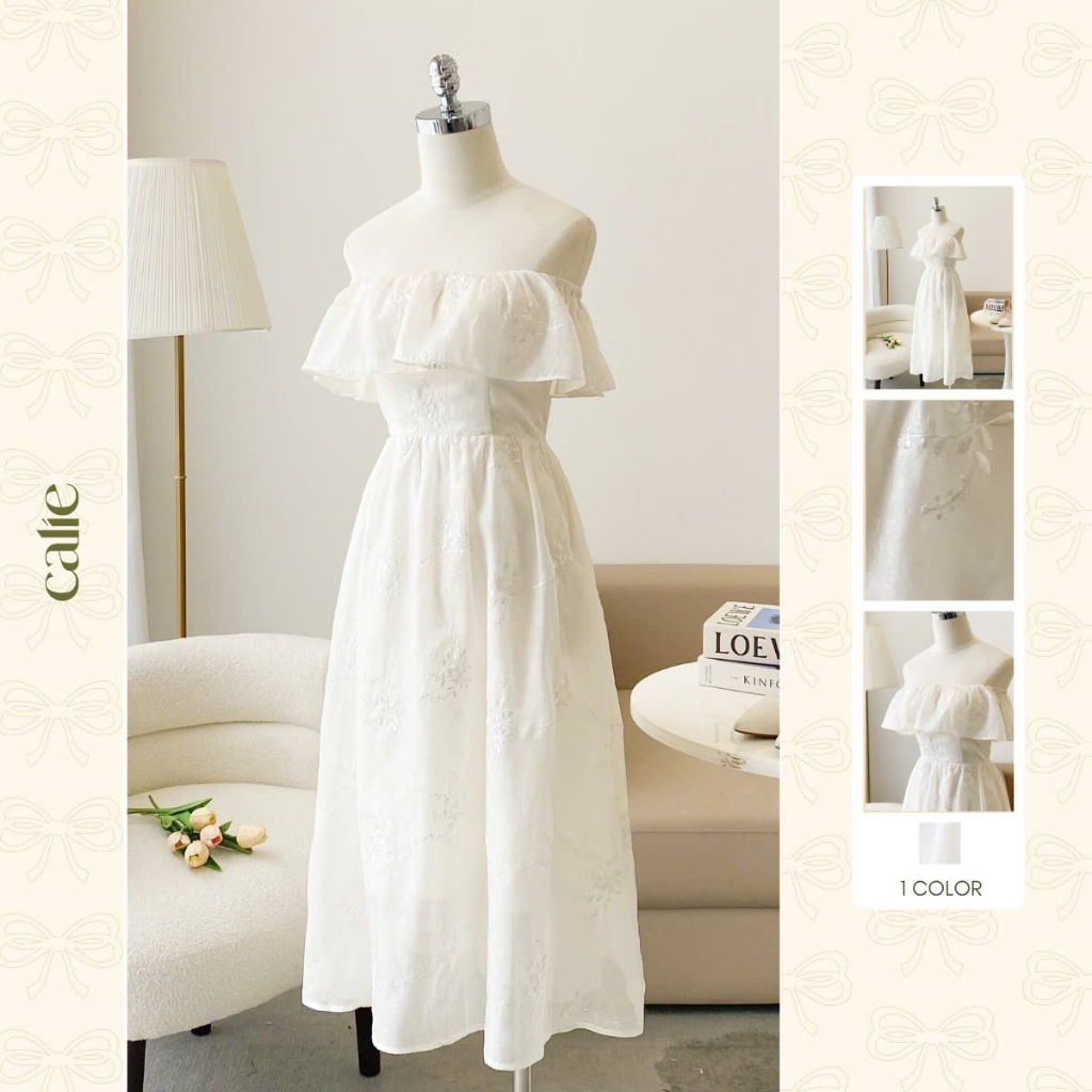 Váy xòe Calie trễ vai nhún bèo váy nữ trắng - VX186