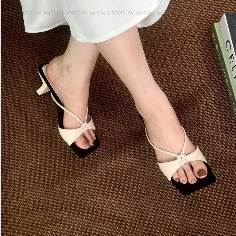 Giày guốc nữ Myss quai ngang thắt nơ 7cm cao cấp - SU214