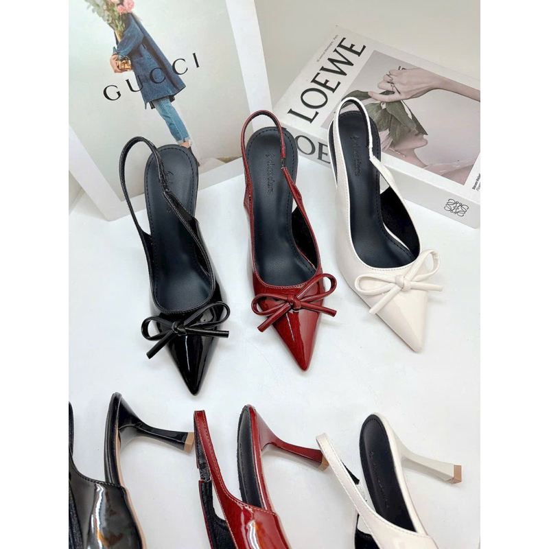Giày sandal cao gót 7 phân mũi nhọn da bóng nơ xinh