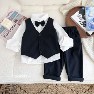 Quần áo bé trai, set 3ct công tử: áo sơ mi nơ cổ, áo gi-Lê và quần chất kaki 2 dạ cho bé từ 8-20 kg