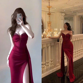 [Sẵn - Hoả Tốc] Đầm maxi lụa cúp ngực kết cườm tà dài thướt tha sang quyến rũ đỏ Noel Tết