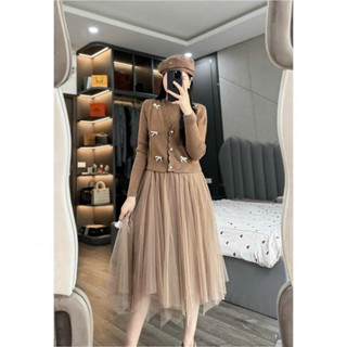  Set váy len phối voan kèm áo gile len nơ dáng dài maxi tiểu thư mùa đông bánh bèo set đầm bầu len 