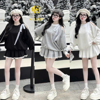  Set Đồ Nữ Set Nỉ Nữ Áo Khoét Vai Mix Nơ Ren Kèm Chân Váy Xếp Ly Viền Ren Có Quần Bảo Hộ Phong Cách Dễ Thương HK Shop9720 