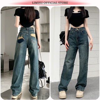 Quần Jean Nữ Ống Rộng Cạp Cao Thiết Kế Túi Rách Sau LIMISU Quần Bò Nữ Ống Suông Phong Cách RETRO Ulzzang Hàn Quốc JRS