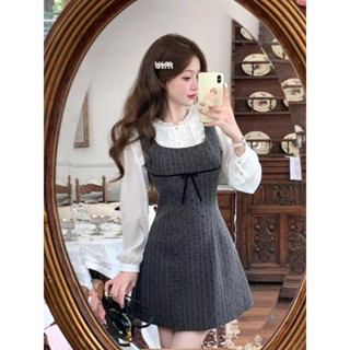   40-80Kg  Set Đầm Váy Sọc Xám In Trái Tim Kèm Sơ mi Trắng Cổ Bèo  Có BigSize  UnihomeClothing CV220 