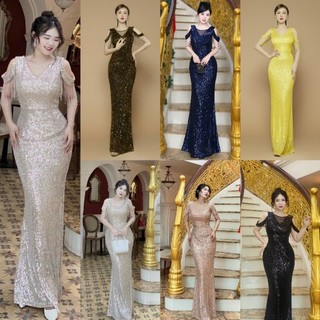 Đầm dạ hội kim sa rớt vai tua rua cao cấp tko