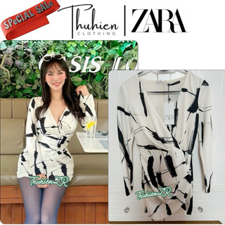 (Chính hãng size XS)Váy mini ZARA 3152/306/064 vạt chéo trước ngực hoạ tiết đen(kèm ảnh thật)