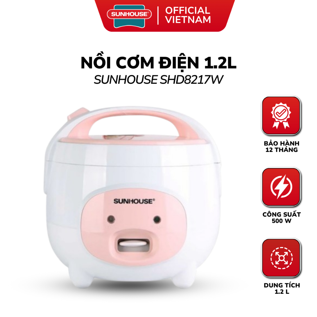 Nồi Cơm Điện SUNHOUSE SHD8217W / SHD8607W - 1.2L/1.8L, Hồng Trắng, Phù Hợp 2-4 Người, Bảo Hành 1 Năm