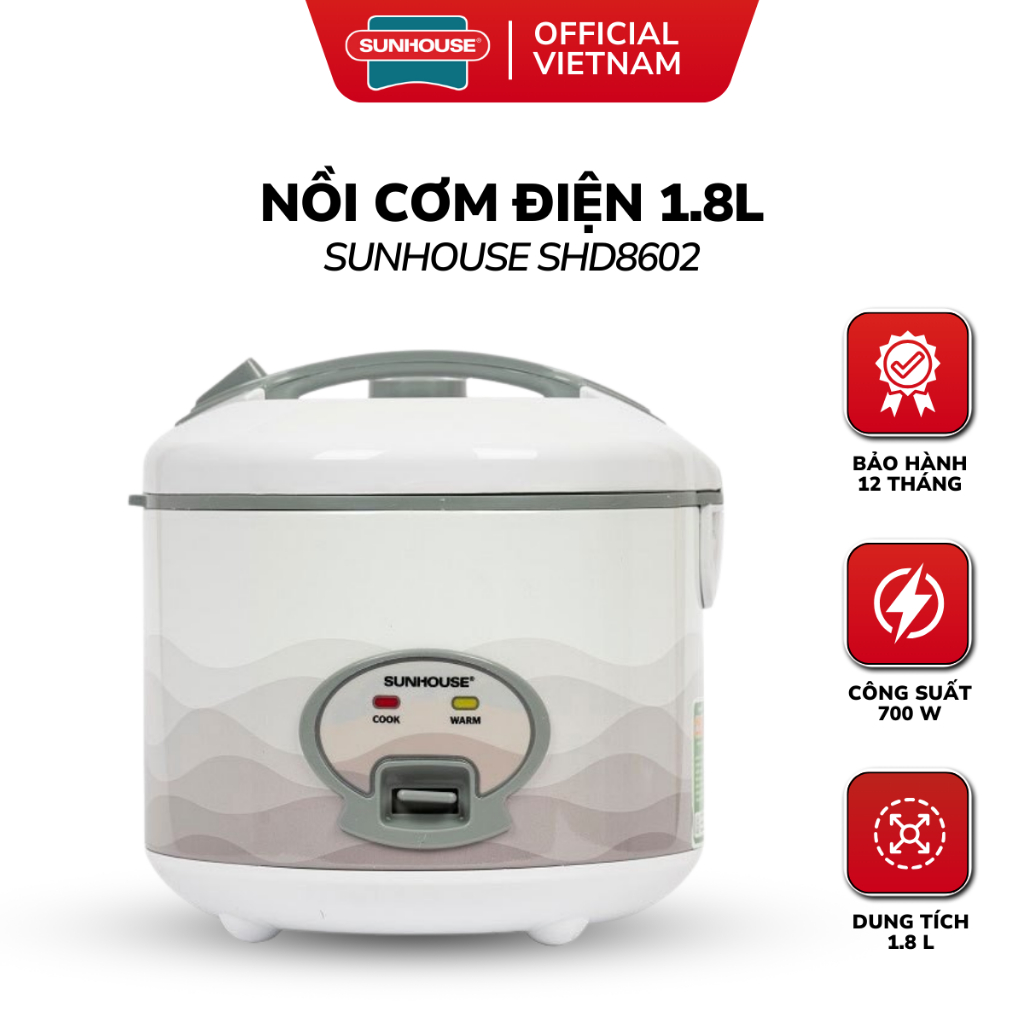 Nồi Cơm Điện SUNHOUSE SHD8602 Chính Hãng 1.8 Lít, Màu Trắng Hoa Văn Ghi, Chống Dính Bảo Hành 1 Năm