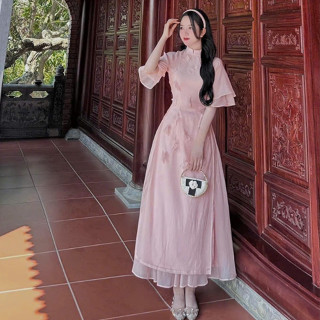 * Set váy áo dài thiết kế mặc đi chơi lễ tết chất tơ cổ tàu đính bông tay ngắn xẻ lai chân váy xoè chữ A dáng maxi