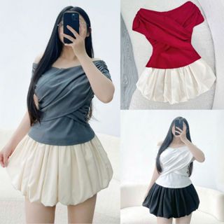 Set Bộ Đồ Bigsize Nữ Áo Kiểu Thun Borip Tay Ngắn Trễ Vai Chéo Trước Kèm Chân Váy Bí Xòe Bồng  SET920