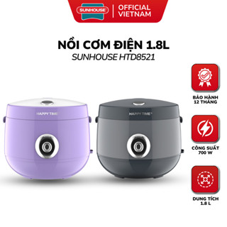 Nồi Cơm Điện SUNHOUSE Happy Time HTD8521GR/HTD8521V/HTD8522G - 1.8L, Màu Tím/Xám/Xanh, Chống Dính