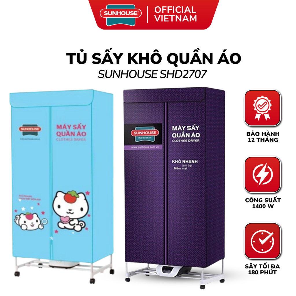 Tủ Sấy Khô Quần Áo SUNHOUSE SHD2707/SHD2702 - Hẹn Giờ 180 Phút, Làm Khô Tại Chỗ, Không Nhăn Quần Áo