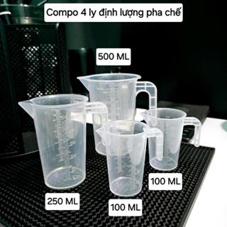 Combo 4 ly, ca nhựa định lượng dùng cho pha chế, nấu ăn, làm bánh (1 ca 500ml, 1 ca 250ml, 2 ca 100ml) nhựa dày