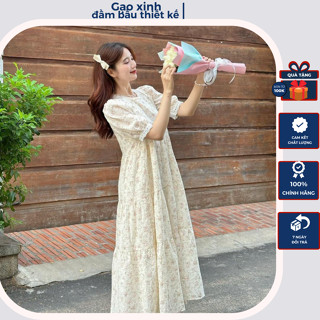 Đầm bầu hoa nhí , váy bầu thiết kế maxi dáng dài hoa đỏ phối tay ren hàng 2 lớp sịn xò che khuyết điểm cực tốt