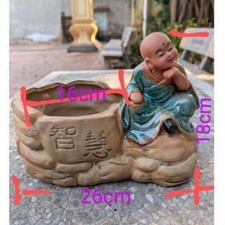  Gốm Bát Tràng chậu tượng chú tiểu trồng bonsai mini cây để bàn trang trí bàn trà không gian nhà bạn 