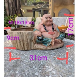  Gốm Bát Tràng chậu tượng phật Di Lặc nâng đĩnh vàng trồng cây bonsai mini cây cảnh để bàn 