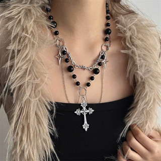 Vòng cổ layer chữ thập chuỗi hạt y2k cao cấp