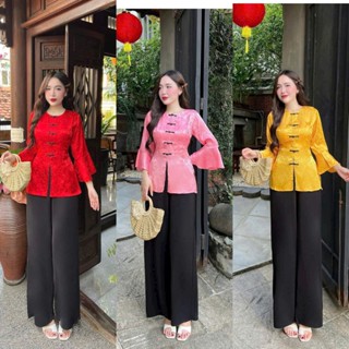Set bộ dài bà ba xẻ tà áo gấm cổ tròn tay dài nút tàu mix quần tuyết nhung ống rộng mặc Tết đi chùa