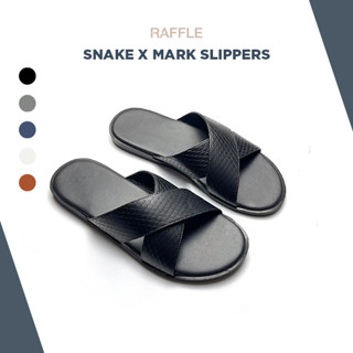 Dép Da Nam Raffini Snake x Mark Slippers - Black Vân Da Rắn Bảo Hành 1 Năm