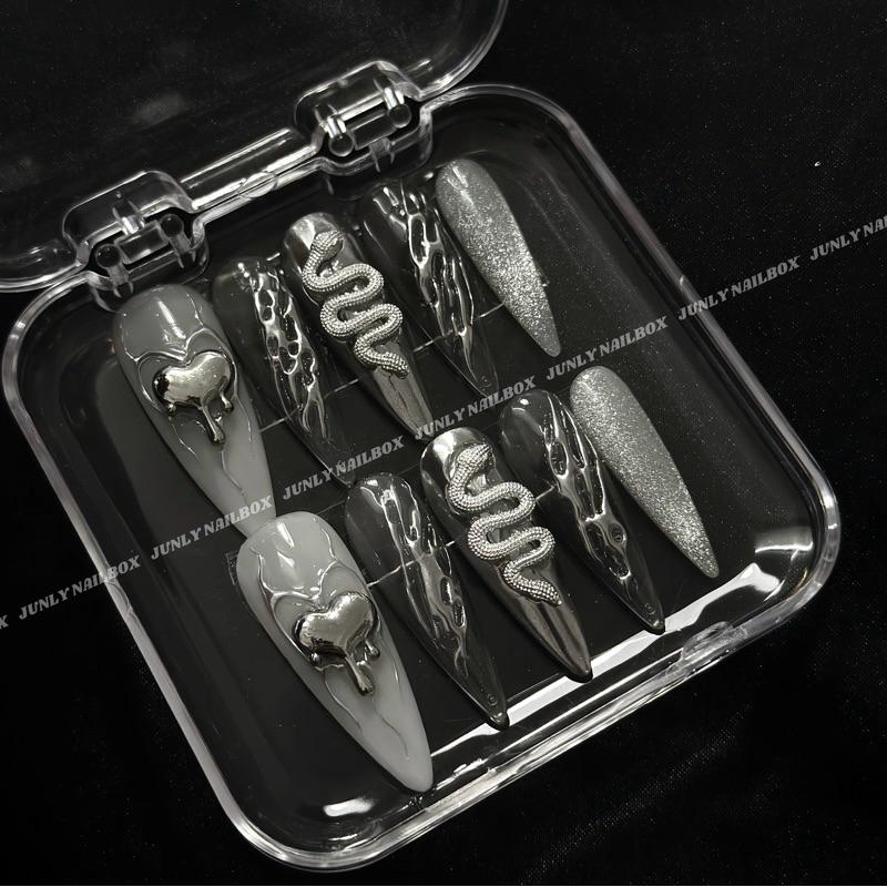 Nailbox thạch rắn bạc JUNLY - nail box thiết kế móng giả tráng bạc thạch gạo cá tính đi chơi 190