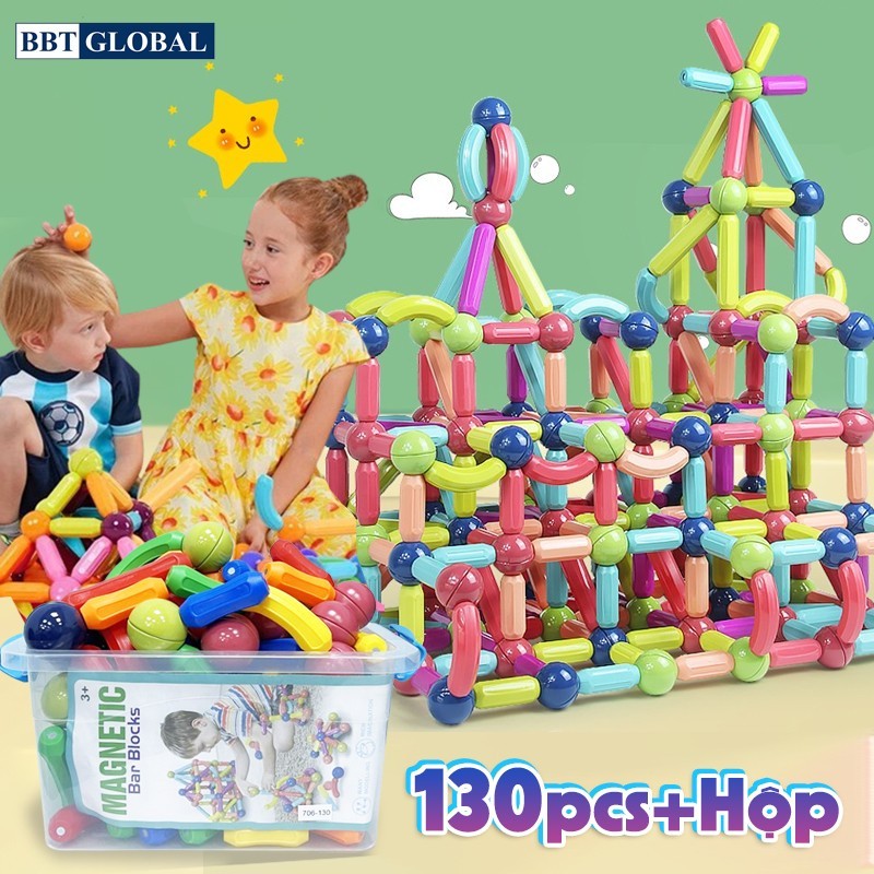 Tặng hộp nhựa- Đồ chơi xếp hình nam châm thông minh đa dạng màu sắc 130 chi tiết
