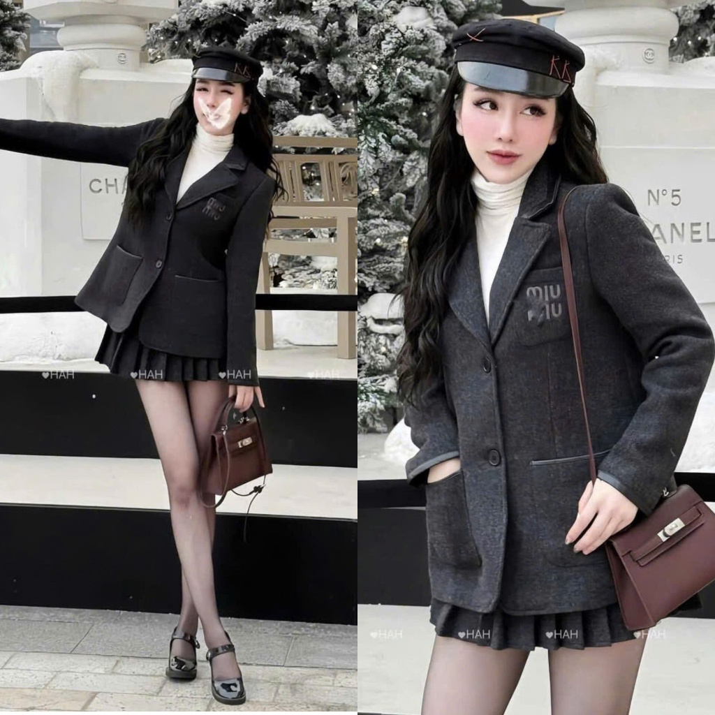 Set Áo Vest Dạ Cổ Phối Da Thêu Ngực MiuMiu Mix Chân Váy Xếp Ly Dáng Ngắn Siêu Xinh (Ảnh Thật Trải Sà