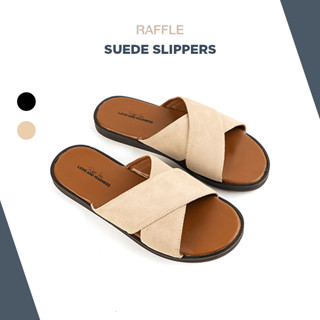 Dép Da Nam Raffini Suede Mark Beige Slippers Da Bò Lộn Đế Đúc Cao Su Chống Hăm Chân