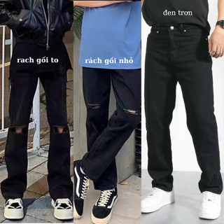 Quần Jean Nam Ống Suông Đen Xanh Trơn Rách Gối Thời Trang, Quần Bò Nam Co Giãn ống rộng AMILY JEAN