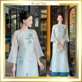  Áo dài cách tân nữ 2025 4 tà dáng suông hoa thêu màu xanh pastel tay loe may sẵn voan tơ lụa HT01 cao cấp 