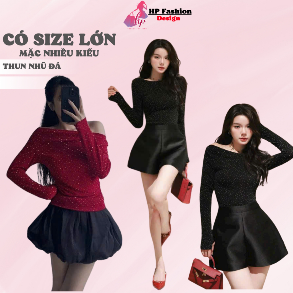 Áo thun body trễ bệt vai cổ thuyền dài tay đá lấp lánh, áo kiểu nữ đỏ đô đen noel tết xmax HP19