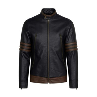 Áo khoác da nam FTT Leather Racer Jacket da bò khóa chéo tay phối gân nâu - Mã AD319B