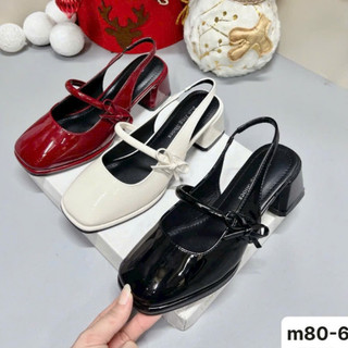  Giày cao gót nữ đỏ quai ngang nơ công sở Sandal hở gót dáng Slingback mũi vuông gót 5cm da bóng Giày cao gót quai hậu 