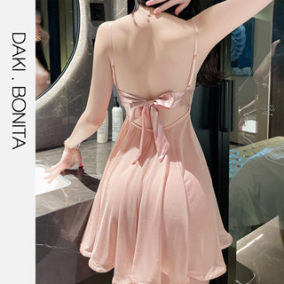 Bộ đồ váy ngủ nữ 2 dây sexy DK18 vải xuyên thấu hở lưng cột nơ kèm quần lót lọt khe gợi cảm