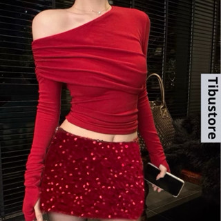 Set Áo Lệch Vai Phối Chân Váy Bút Chì TIBU Set Đồ Nữ Đỏ Sang Chảnh Đi Chơi Tết Noel Tôn Dáng Đơn Giản B259