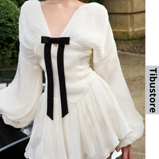 Đầm Body Cổ V Đính Nơ Tay Loe Dáng Xoè TIBU Đầm Tiểu Thư Sang Chảnh Đi Chơi Dự Tiệc Hotrend Tết D274