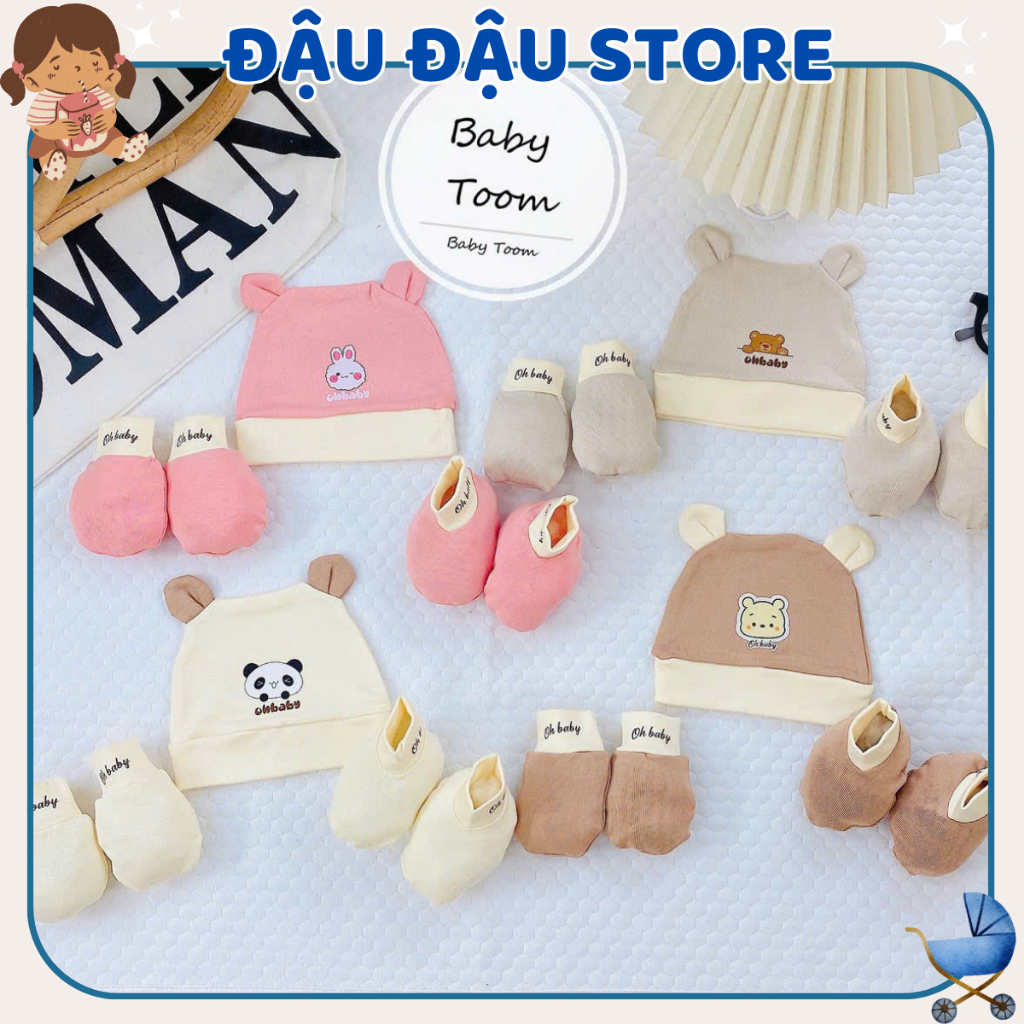 Set Mũ Bao Chân Bao Tay Baby Toom Cho Bé Sơ Sinh mềm mịn thoáng mát co giãn in họa tiết Đậu Đậu Store
