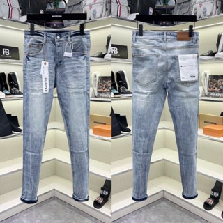 Quần jean bò nam Purple slimfit trơn wash xanh bạc dập nhăn 3D kẻ loang ống 4 cúc mác lụa basic QJ659P
