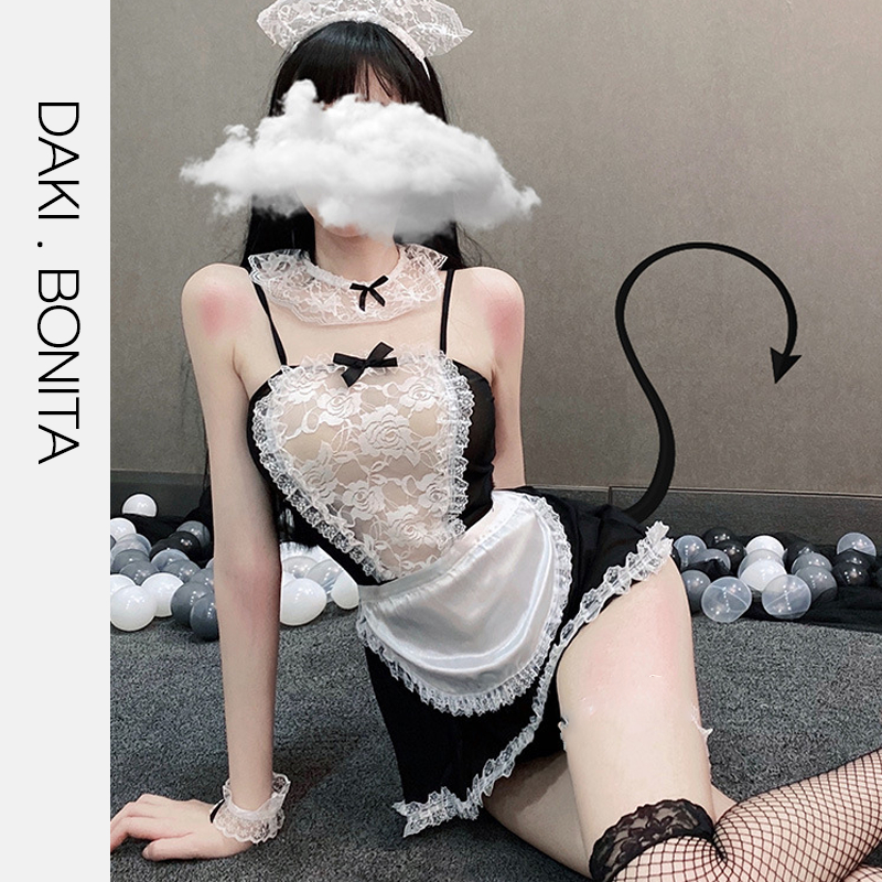 Set đồ ngủ nữ kiểu váy đầm 2 dây cosplay nàng người hầu gái sexy DK09 phối ren gợi cảm quyến rũ | BigBuy360 - bigbuy360.vn