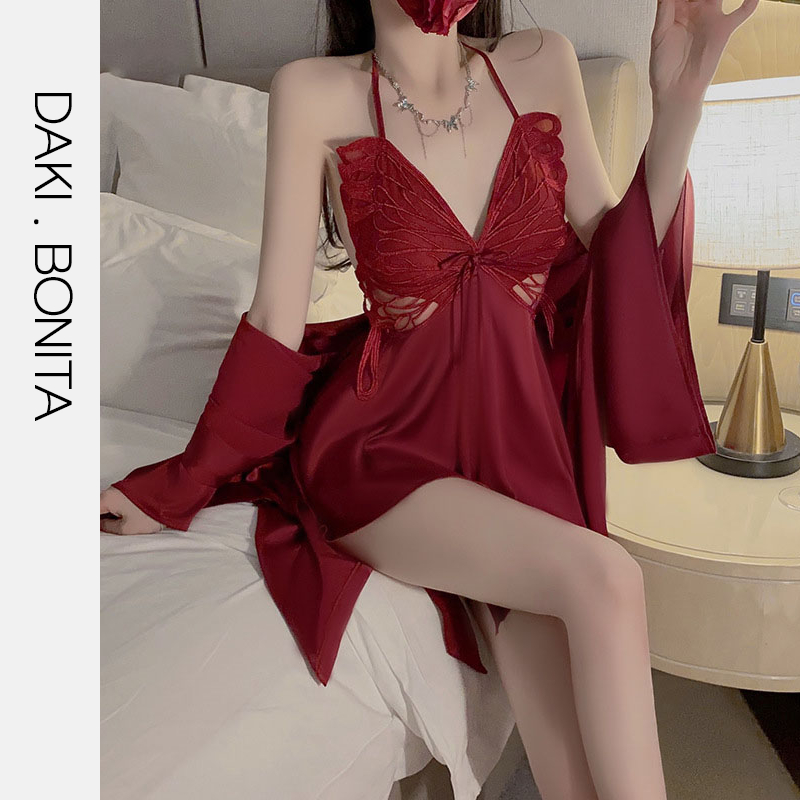 Set đồ ngủ nữ lụa DK92 cánh bướm có mút ngực kiểu đầm mặc nhà 2 dây gồm váy và áo choàng sexy quyến rũ | BigBuy360 - bigbuy360.vn