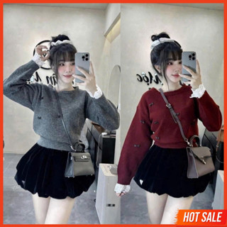 Set len nữ, Áo len nữ đinh nơ phối ren điệu dài tay chất dày dặn loại1 mix chân váy nhung bí hothit