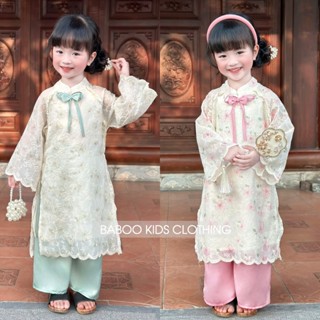 Set Áo Dài Cách Tân Cho Bé Gái Vải Thô Thêu Hoa Quần Lụa BaBoo Kids A40