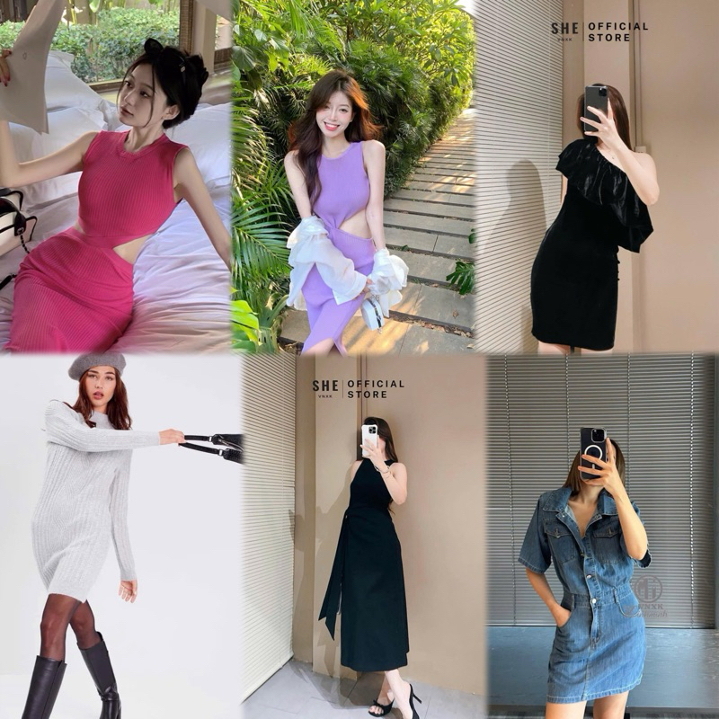 Váy len hồng dệt kim khoét eo
