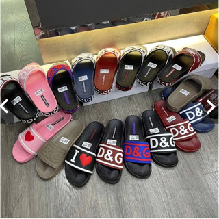 Dép lê nam quai ngang D.G slide hồng cao su quai đúc nổi chữ full box - Dép D.G I Love DG tim đỏ đế nổi hoa văn cao cấp.