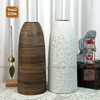 Bình hoa dáng chuông - Bình gốm cắm hoa mai, đào, cúc decor - Lọ cắm hoa dáng chuông cao 45cm men thổ cẩm và Atlantis
