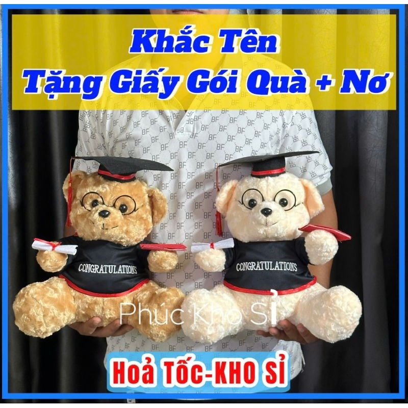 (KHO SỈ-Tặng Giấy Gói Quà+Nơ) 35cm Gấu Bông Tốt Nghiệp Lông Xoăn & Lông Mịn-Quà tặng ý nghĩa -Gấu Cử Nhân có kính